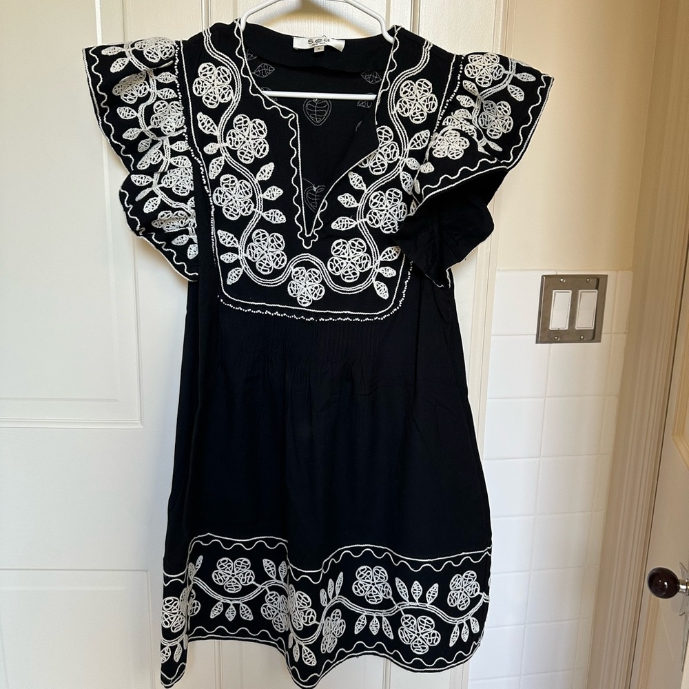 Sea New York Black “Beck” Dress with White Embroidery